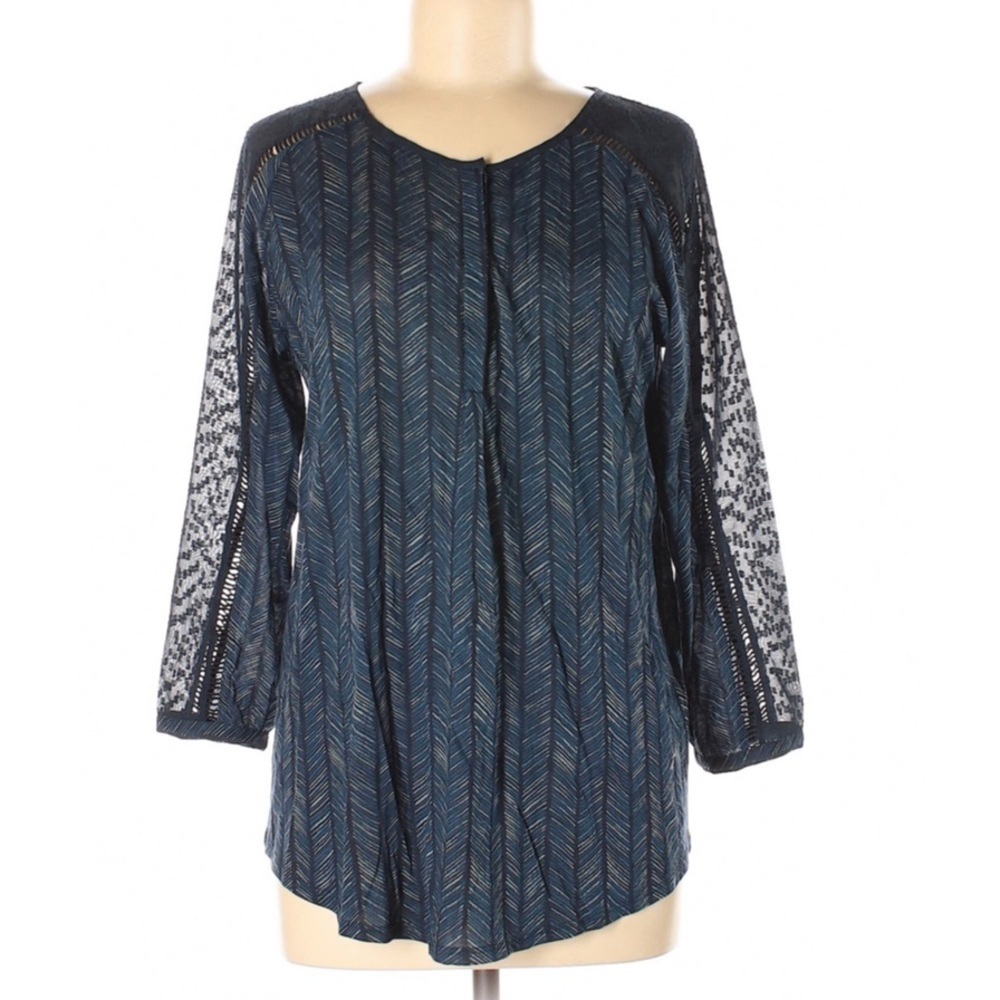 Lucky Brand Blue 3/4 Sleeve Blouse Sheer Geometric